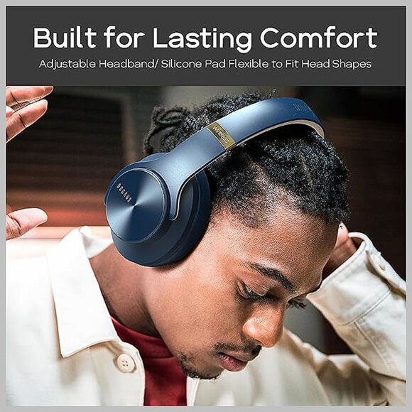 Bluetooth Headphones Over Ear, 90 Hours Playtime Wireless Headphones Navy Blue - Picture 4 of 8